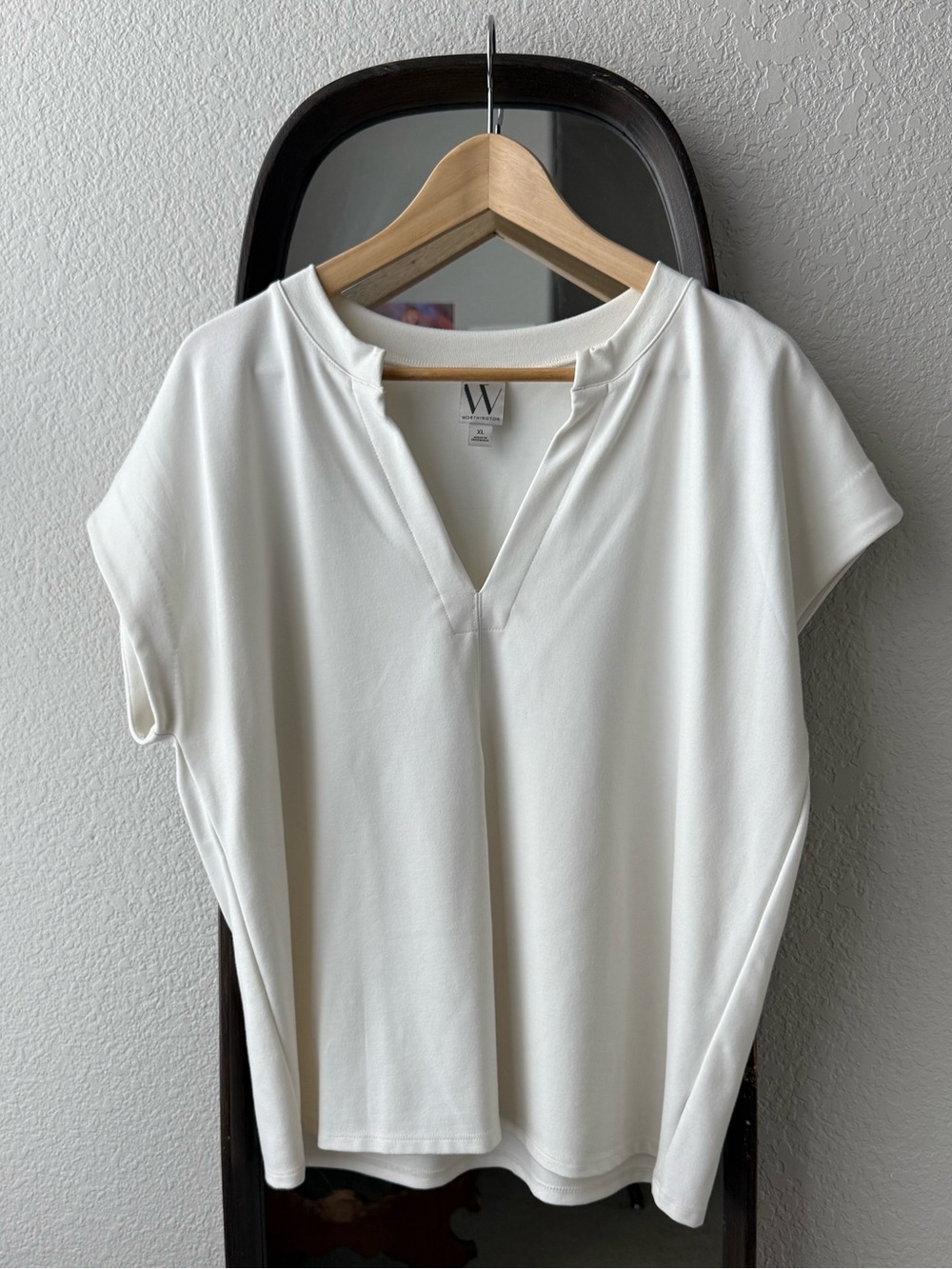 Worthington White Split V-Neck Knit Top Cap Sleeve Stretch Work Blouse Size XL